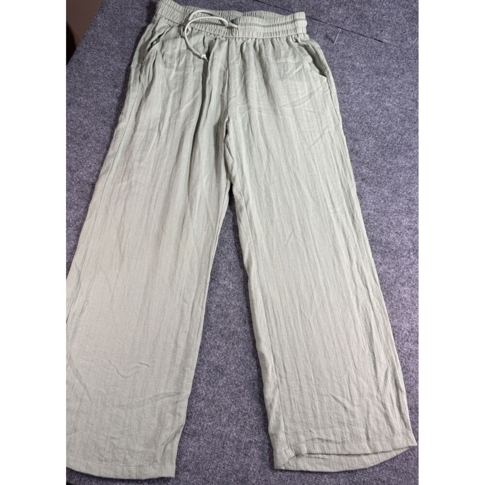 Halara Linen‑Feel Pants Women’s Large Tall Green High Waist Drawstring Wide Leg
